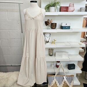 Tiered Flowy Dress With Beaded Neckline : Taupe